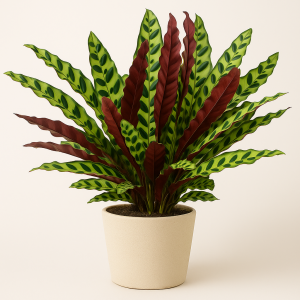 Calathea lancifolia en pot beige, avec des feuilles longues vert clair tachetées de motifs sombres et un revers pourpre.