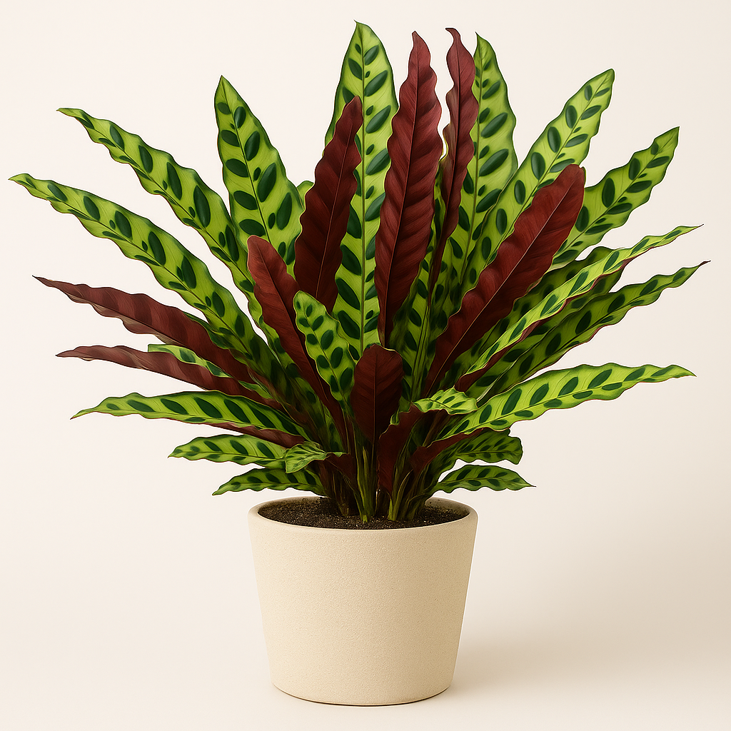 Calathea lancifolia en pot beige, avec des feuilles longues vert clair tachetées de motifs sombres et un revers pourpre.