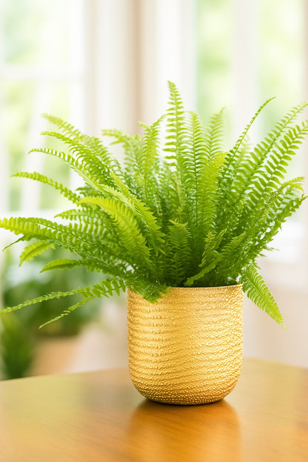 Fougère de Boston dans un cache-pot tressé, idéale comme plante dépolluante pour appartement